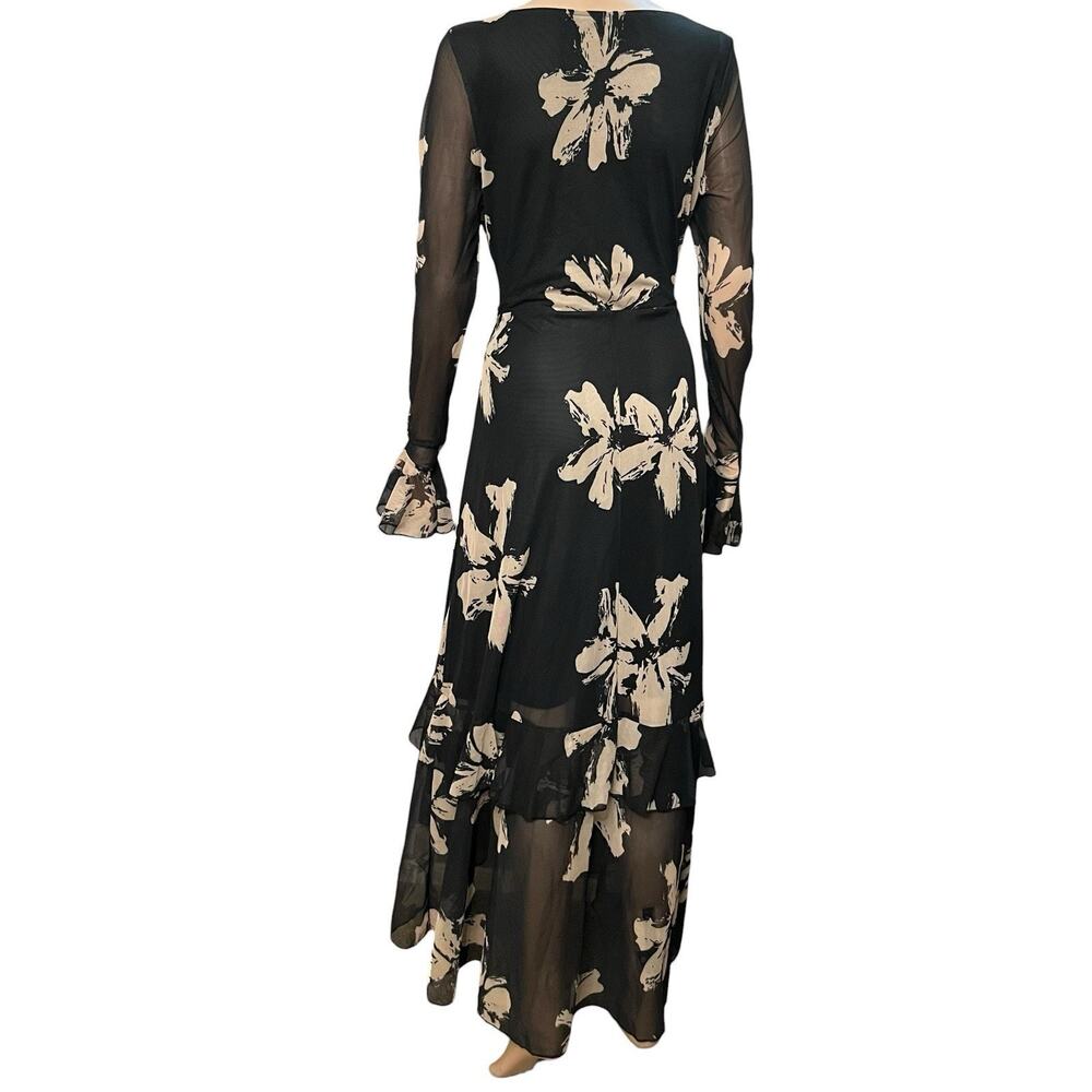 Gothic Floral Maxi Dress Large Bell Sleeve Tiered Ruffle Mesh Witchy High Low - Picture 5 of 9